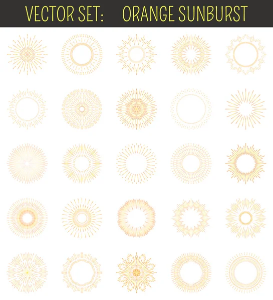 Set of orange sunburst. Geometric shapes and light ray collection — Stock Vector