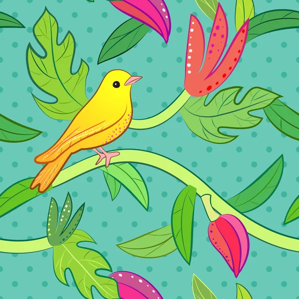 Природа бесшовный узор с птицей и листьями — стоковый вектор