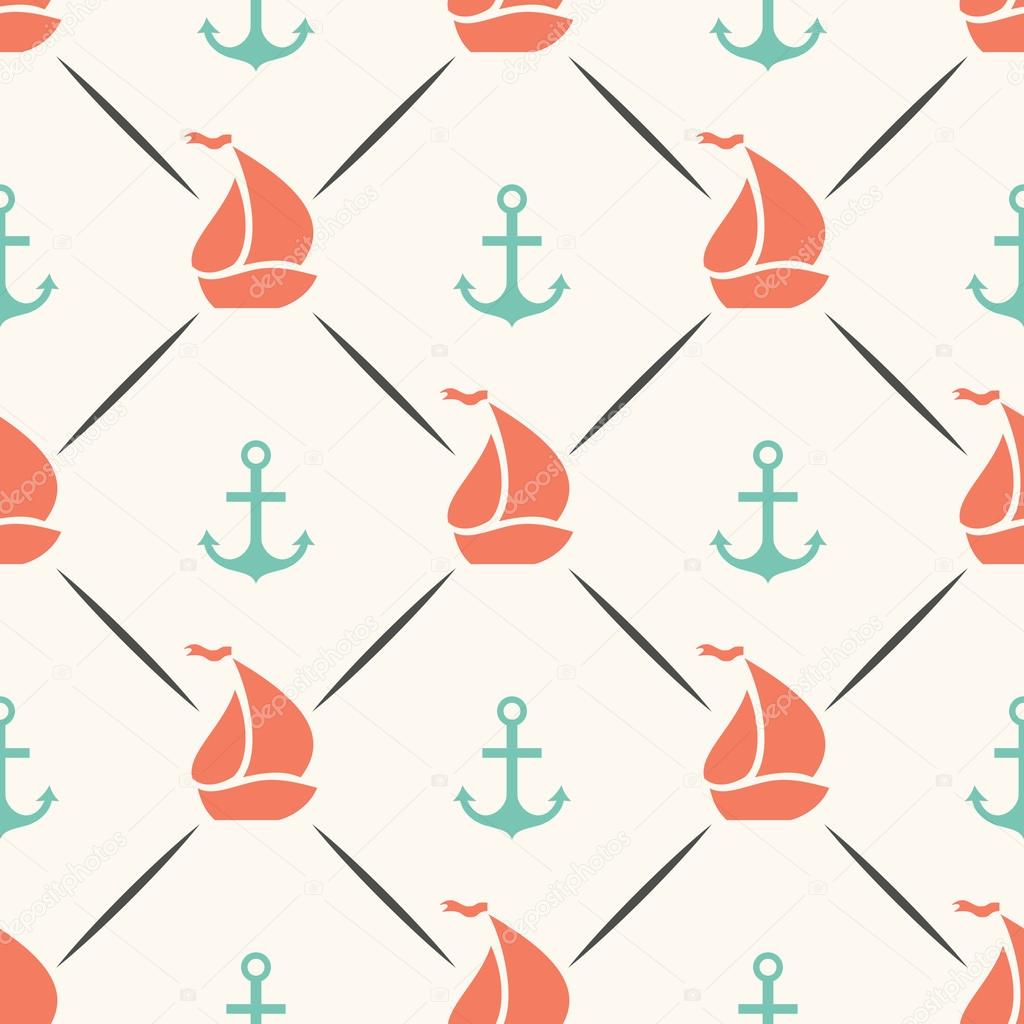 Seamless vector pattern of anchor, sailboat shape in frame