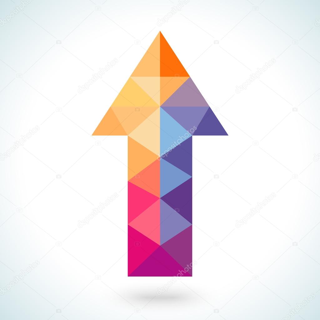 Bright colorful arrow shape in modern polygonal crystal style on white background. Vector illustration for holiday patriotic design. For party poster, greeting card, banner or invitation.