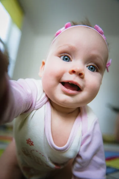 Adorable baby girl taking picture of herself, selfie. — Stock Photo, Image