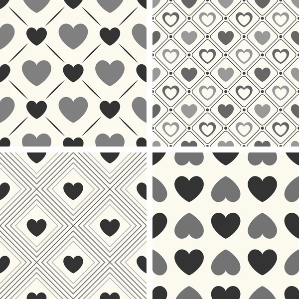 Heart shape vector seamless patterns. Black and white colors — Stock Vector
