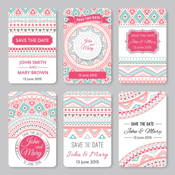 Set of perfect wedding templates with doodles tribal theme — Stock Vector