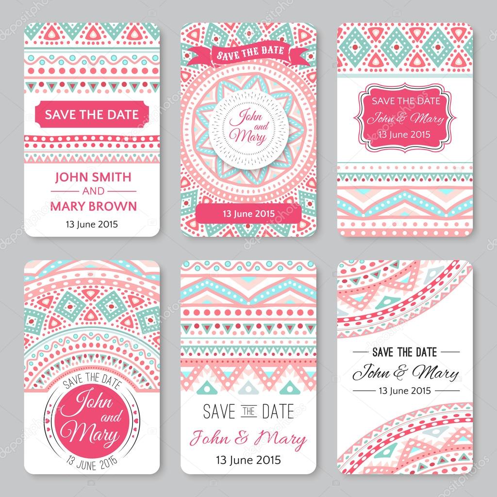 Set of perfect wedding templates with doodles tribal theme