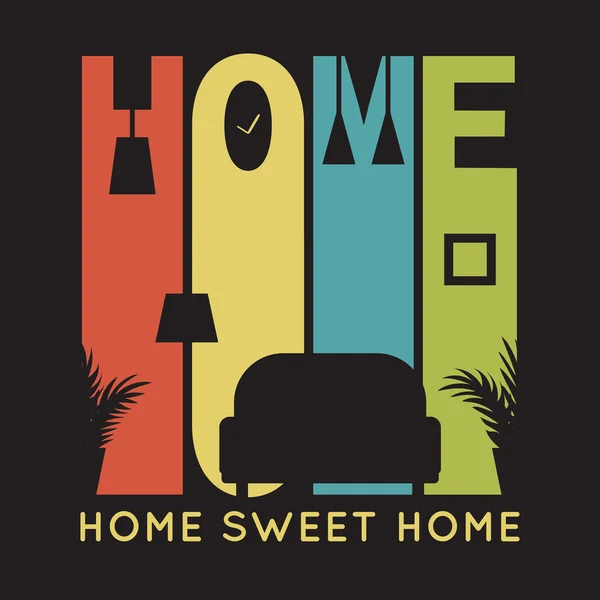 Home card con icone appartamento, grafica t-shirt su sfondo nero — Vettoriale Stock