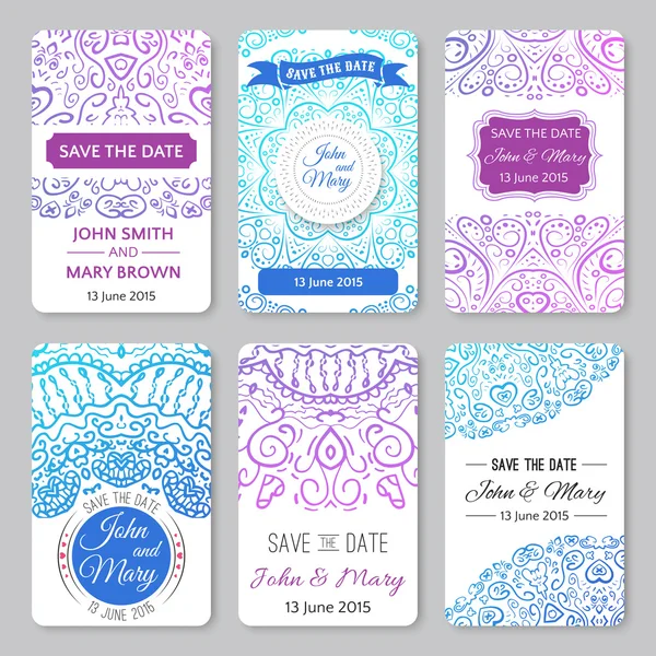 Set of perfect wedding templates with doodles tribal theme — Stock Vector