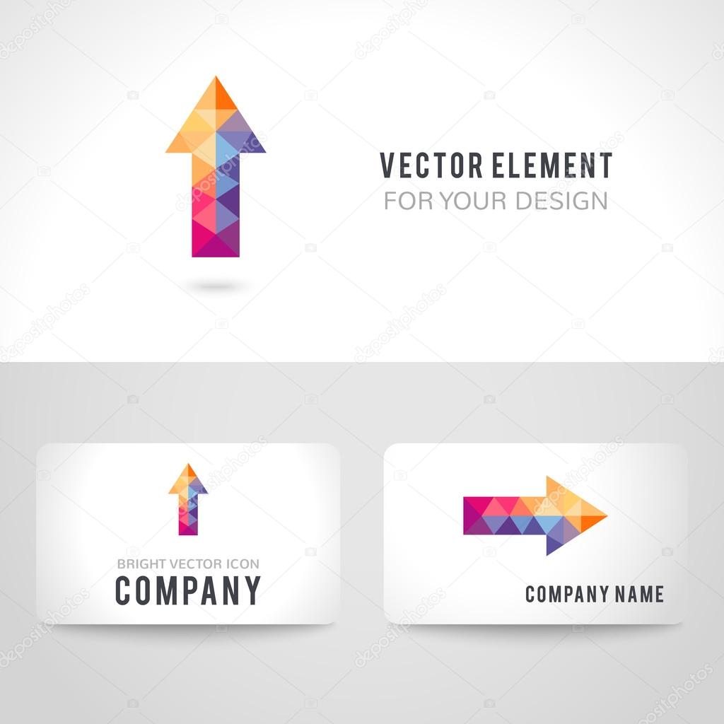 Business card template set. Bright colorful arrow shape in modern polygonal crystal style on white background. Vector illustration