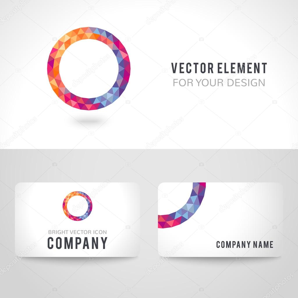 Business card template set. Bright picture round frame in modern polygonal crystal style on white background. Vector illustration colorful bright design. Triangles