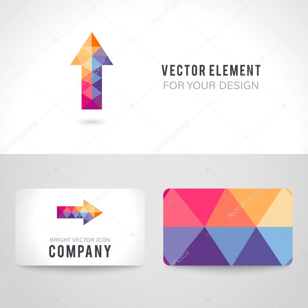 Business card template set. Bright colorful arrow shape in modern polygonal crystal style on white background. Vector illustration