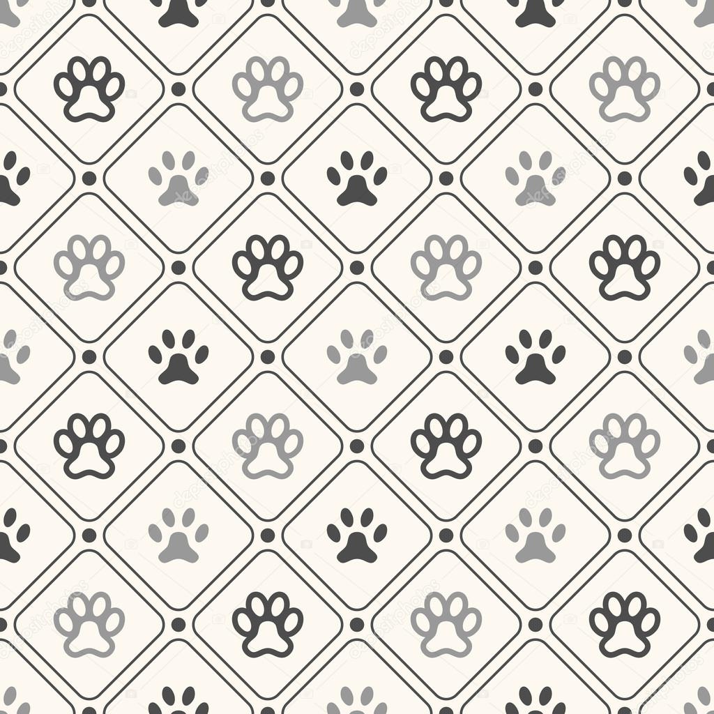 Seamless animal pattern of paw footprint in frame and polka dot
