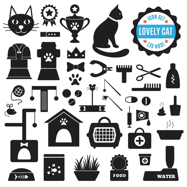 Stor uppsättning ikoner om härliga katt. Vektor illustration för husdjur — Stock vektor