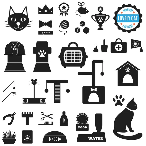 Grande conjunto de ícones sobre Lovely Cat. Ilustração vetorial para animal de estimação — Vetor de Stock