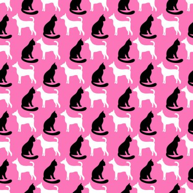 Kedi ve köpek siluetleri hayvan sorunsuz vektör desen.