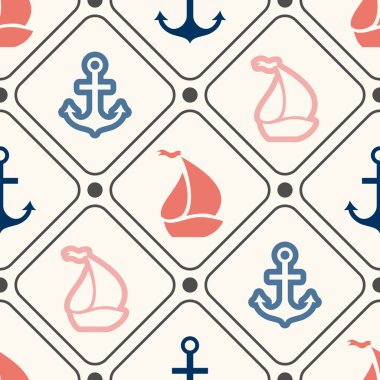 Seamless  pattern of anchor, sailboat shape in frame clipart