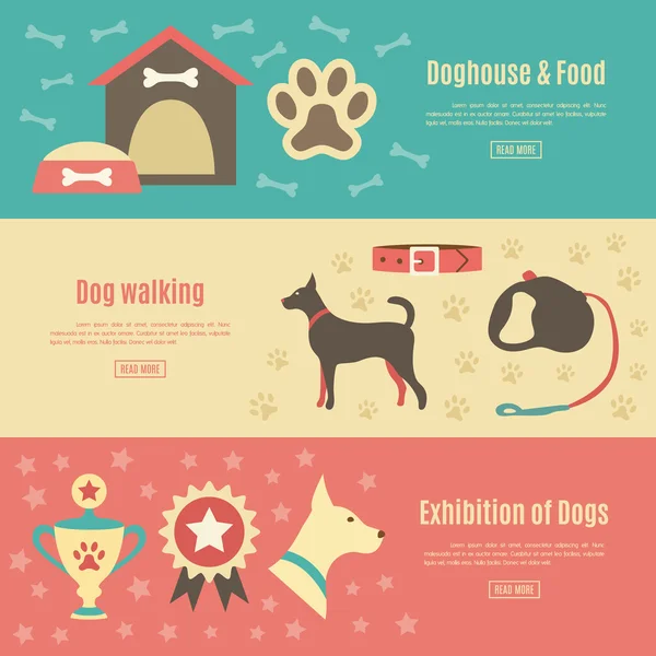 Retro pet flat horizontal banner set. Vector illustration for an — Stock Vector