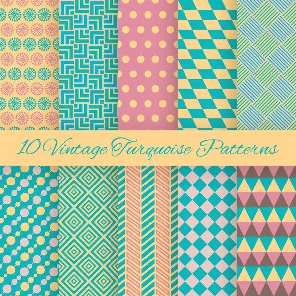 10 Vintage turquiose seamless patterns. Vector illustration. End — Stok Vektör