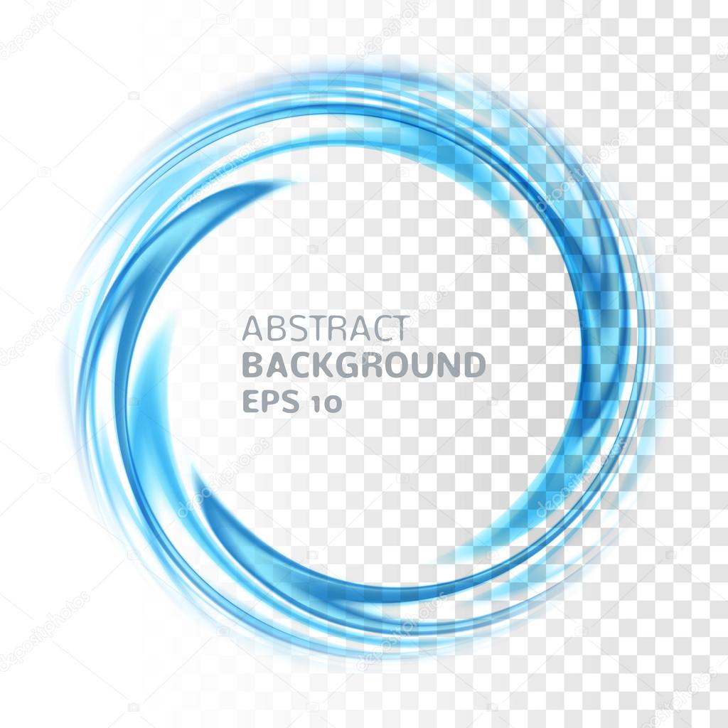 Abstract blue swirl circle on transparent background. Vector illustration for you modern design. Round frame or banner with place for text. Special effects. Translucent elements. Transparency grid