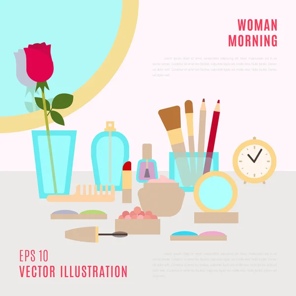 Maquillaje vector concepto ilustración plana con cosméticos, maquillaje — Archivo Imágenes Vectoriales