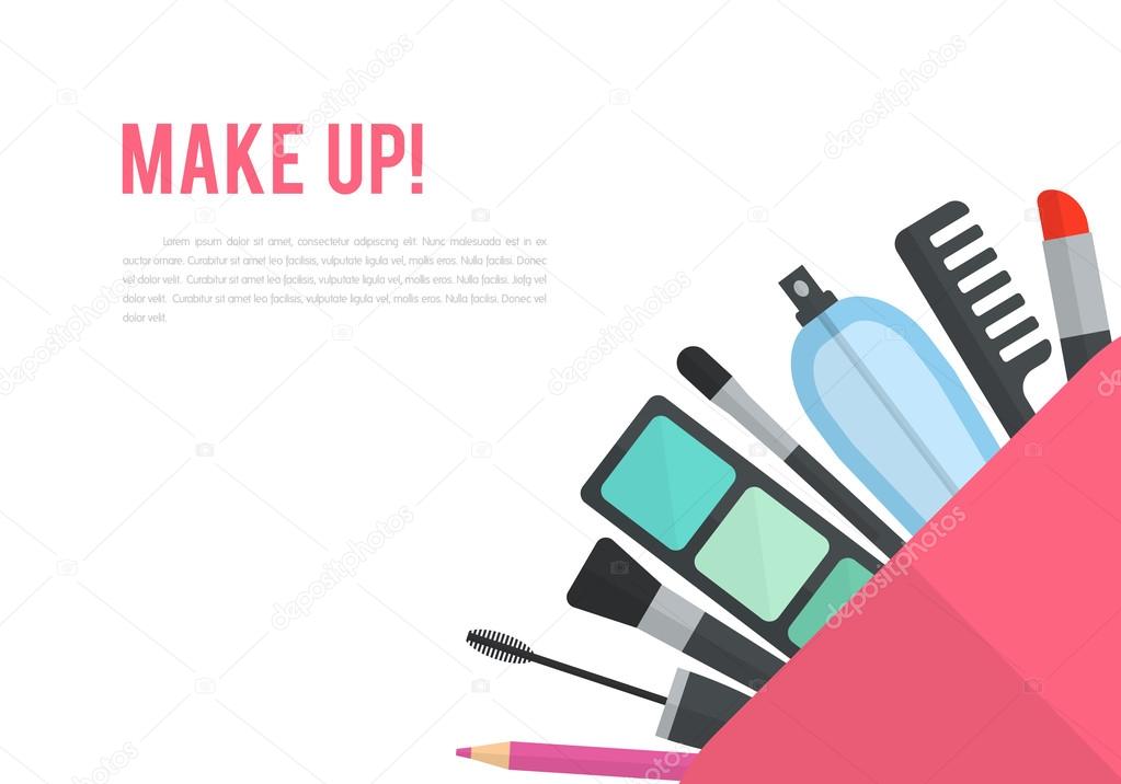 Make up vector flat illustration with lipstick, comb, brush, pal