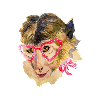 Watercolor monkey in red  heart shaped glasses