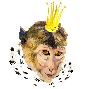 Watercolor portrait of monkey with a crown