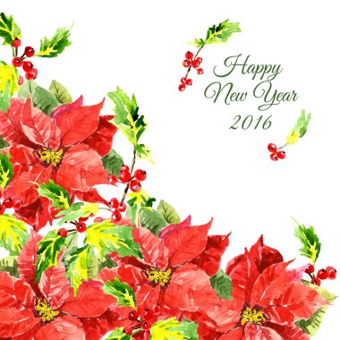 Christmas background with cool red flowers and holly leaves