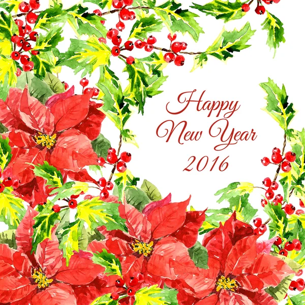 Christmas background with cool red flowers and holly leaves — Zdjęcie stockowe