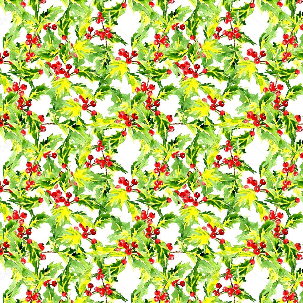 Hand drawn watercolor Christmas background with holly leaves and
