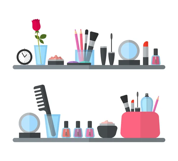 Make up cosmetic accessories on the shelves. Flat design — Stockový vektor