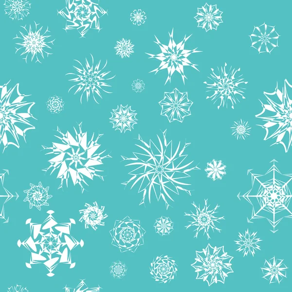 Elegant white snowflakes of various styles isolated on blue background. — Stock Vector