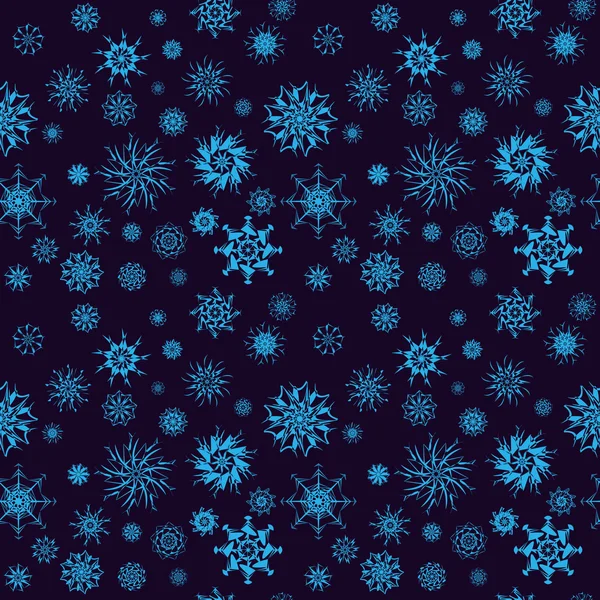 Elegant neon blue snowflakes of various styles isolated on dark background — Stock Vector