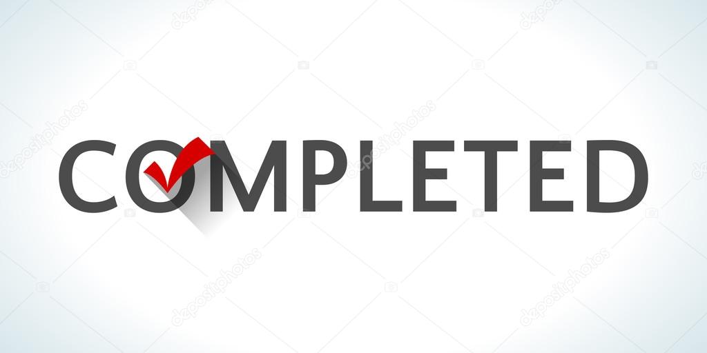 Word completed isolated on white background with red tick