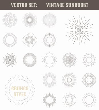 Vintage sunburst kümesi. Geometrik şekiller ve ışık ray koleksiyonu