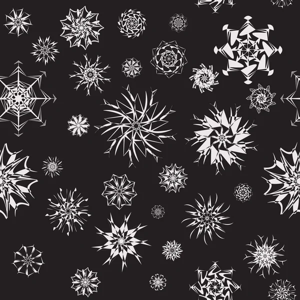 Elegante weiße Schneeflocken verschiedener Stile isoliert auf schwarzem Hintergrund — Stockvektor