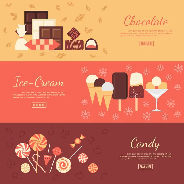Ensemble de bannière horizontale avec bonbons au chocolat, crème glacée et bonbons — Image vectorielle