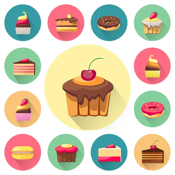 Ensemble de confiseries d'icônes de gâteaux isolés avec ombres — Image vectorielle