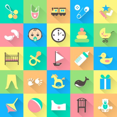 Set of colorful baby items with shadows. Vector illustration