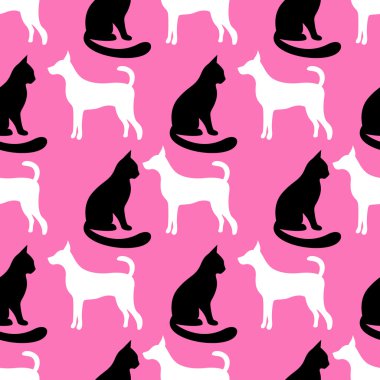 Kedi ve köpek siluetleri hayvan seamless modeli.
