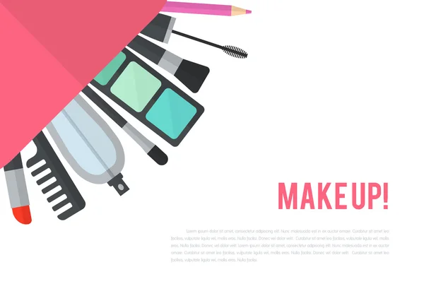 Make-up van platte vectorillustratie met lippenstift, kam, penseel, pal — Stockvector