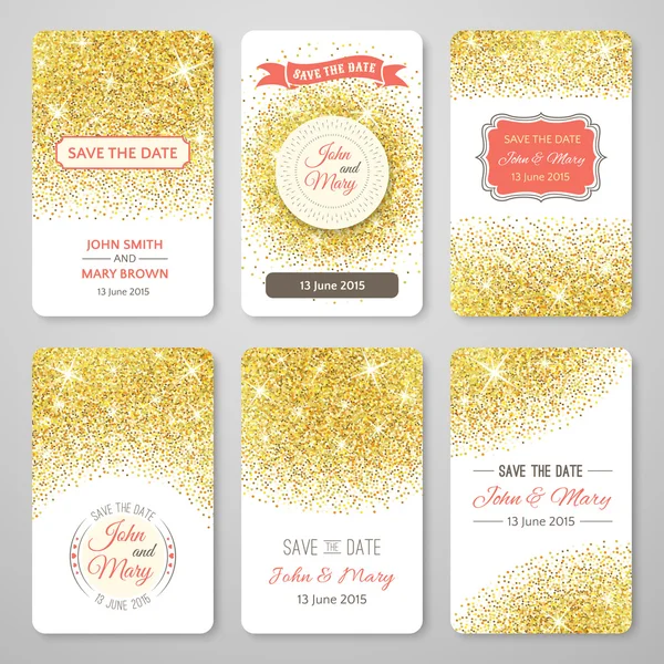 Set of perfect wedding templates with golden confetti theme — Stock Vector