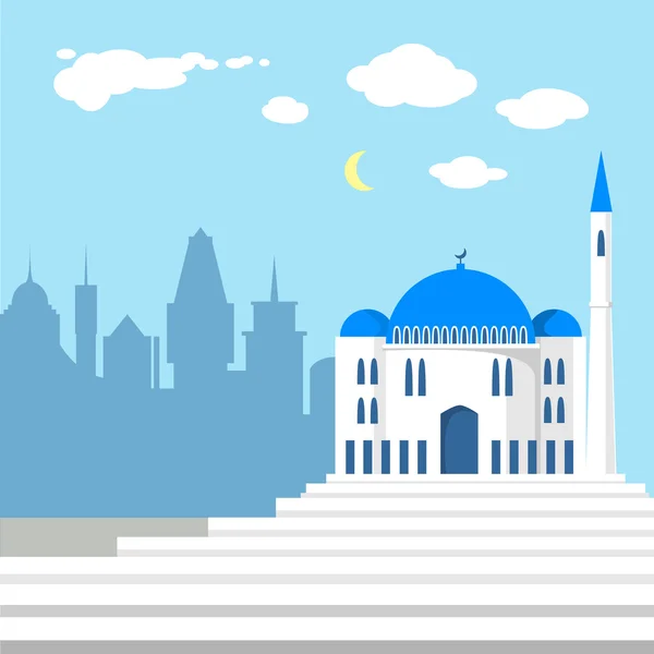 Mosque on the background of islamic city silhouettes. — Stockvector