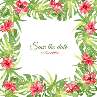 Frame from red watercolor Hibiscus flowers.