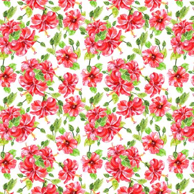 Seamless pattern with red watercolor Hibiscus flowers.