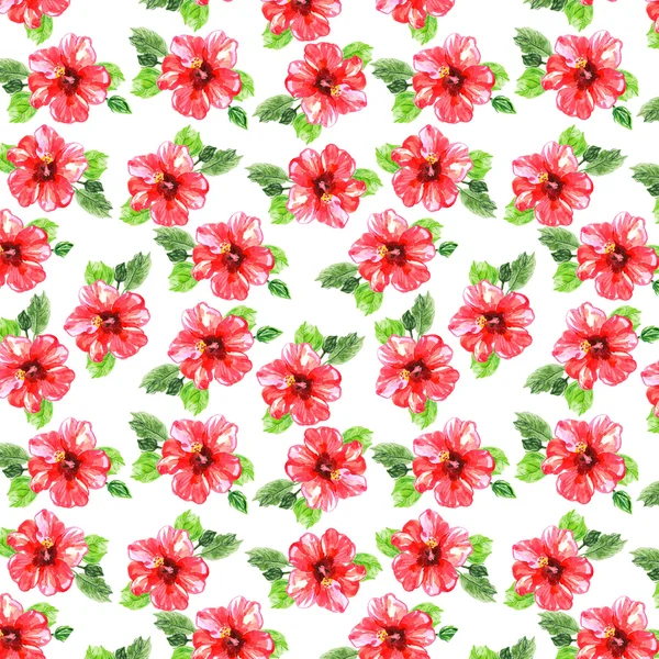 Nahtloses Muster mit roten Hibiskusblüten in Aquarell. — Stockfoto