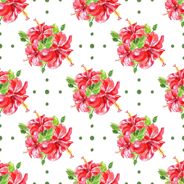 Seamless pattern with red watercolor Hibiscus flowers. — Stock fotografie