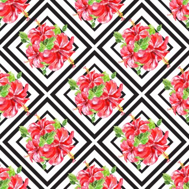 Seamless pattern with red watercolor Hibiscus flowers.
