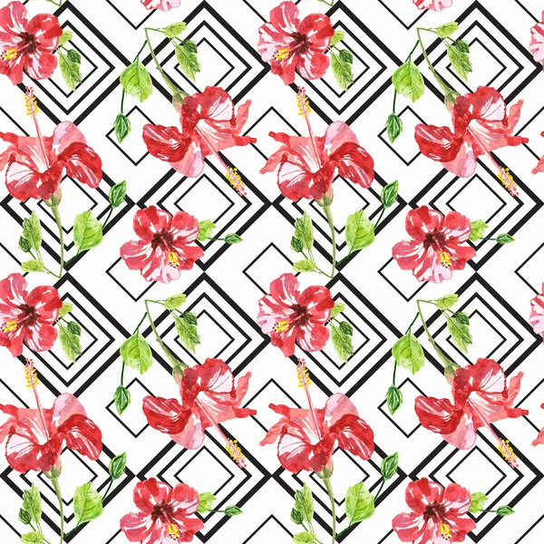 Seamless pattern with red watercolor Hibiscus flowers. — Stok fotoğraf