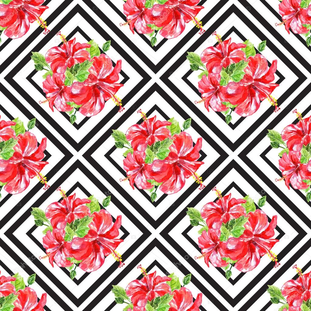 Seamless pattern with red watercolor Hibiscus flowers.