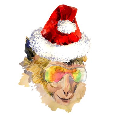 Watercolor monkey in sun glasses and Santa Claus hat.