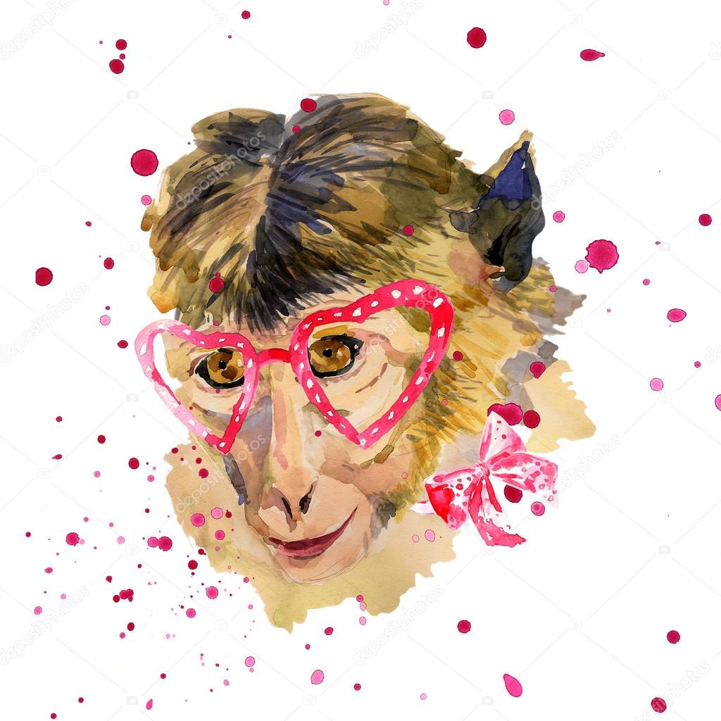 Watercolor monkey in red  heart shaped glasses